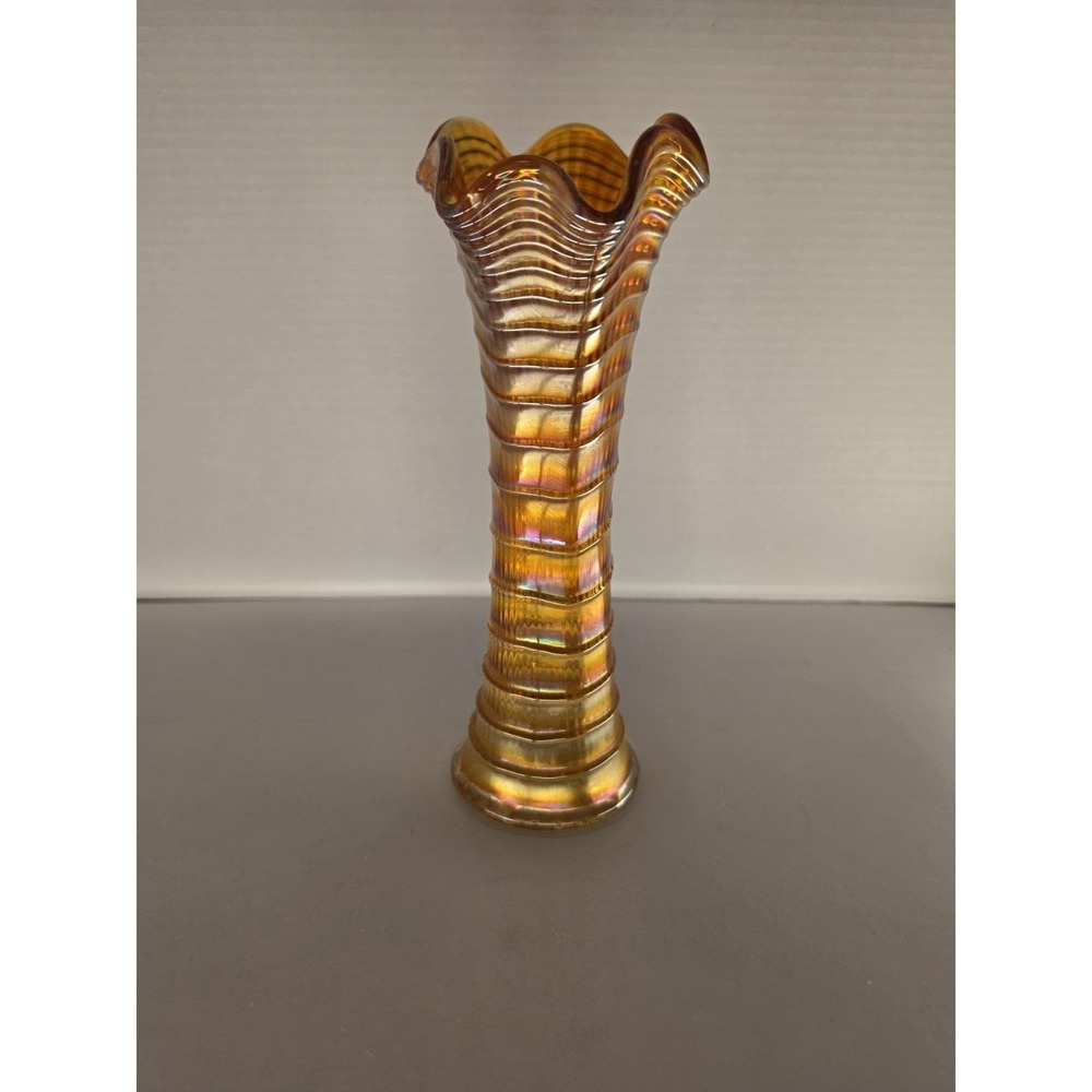 Imperial Glass Ripple Marigold Carnival Glass Swung Vase 9.5" Ruffled Rim - Picture 2 of 8